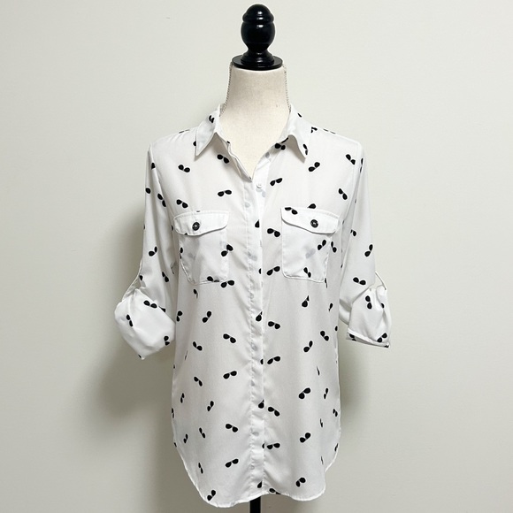 Karl Lagerfeld White Black Sunglasses Roll Tab Sleeve Button Up Collar Blouse XS - Picture 5 of 15